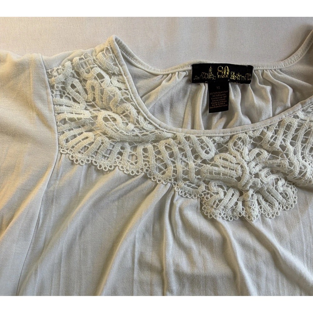 80 Park Women's White Solid Lace Yoke Round Neck Cap Sleeve Blouse XL